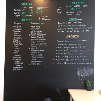 Em-Tea - Behold, the Wall Menu. Don't know what you want? Just follow the 3 simple steps from left to right! - Bubble Tea Near Me - Merced, California Em-Tea - Behold, the Wall Menu. Don't know what you want? Just follow the 3 simple steps from left to right! - Bubble Tea Near Me - Merced, California