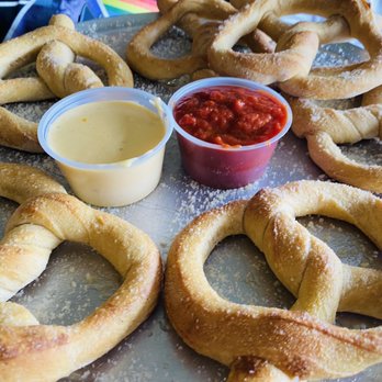 Mellow Mushroom Paducah - Pretzel app w/ beer cheese and sauce. - Pizza Near Me - Paducah, Kentucky Mellow Mushroom Paducah - Pretzel app w/ beer cheese and sauce. - Pizza Near Me - Paducah, Kentucky
