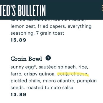 Ted's Bulletin Ballston - Grain bowl lists cotija cheese - Breakfast & Brunch Near Me - Arlington, Virginia Ted's Bulletin Ballston - Grain bowl lists cotija cheese - Breakfast & Brunch Near Me - Arlington, Virginia