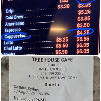 Tree House Cafe - Menu price and receipt - Cafes Near Me - West Sacramento, California