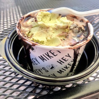 Hey Mikey's Ice Cream - Honey Jalapeño / Avocado Lime with hot fudge sauce - Ice Cream & Frozen Yogurt Near Me - Galveston, Texas