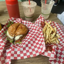 1/4lb burger with pepper jack, regular fries, 2 shakes. 1/4lb burger with pepper jack, regular fries, 2 shakes.
