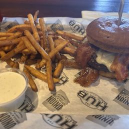 Gluten Free Holy Bacon Batman, garlic fries and ranch. Gluten Free Holy Bacon Batman, garlic fries and ranch.