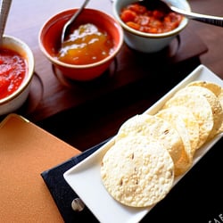 Saffron Summer - Pappadoms with prawn pickle, lime and tomato and mango chutney
