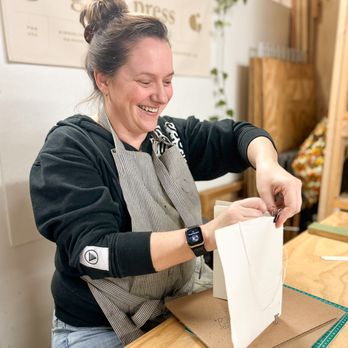 Gingerly Press - A workshop participant binding a 100-page notebook in our Notebook Block-Printing & Binding Workshop! - Art Classes Near Me - Pittsburgh, Pennsylvania