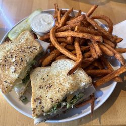 Press Box Sports Grill - Clovis - Club sandwich on white bread with sweet potato fries.
