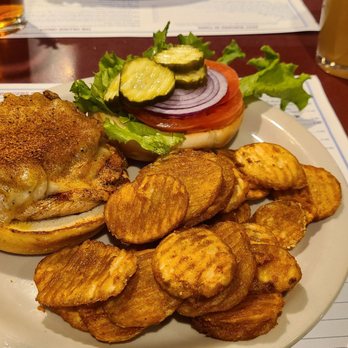 Friendly Tavern - Black Jack Chicken Sand w/Cajun Seasoning, Pepper Jack, L,T,P & added grilled onions. Chk so tender & Buffalo Chps delish w/Blue Cheese. - Pubs Near Me - Zionsville, Indiana