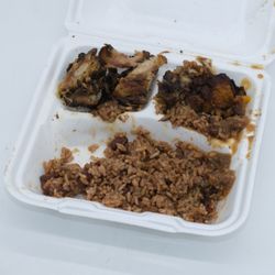 Dock's Fish - Jerk ribs with rice/beans,
and plantains