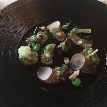 Le Cheval Blanc - Kingfish with miso, avocado, and radish. Some radish slices were fried for textural contrast. - French Near Me - Basel, BS