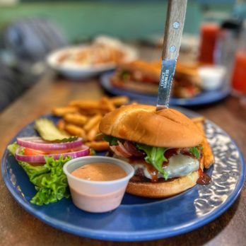 Waffle Bite - a burger and fries on a blue plate - Breakfast & Brunch Near Me - Redding, California