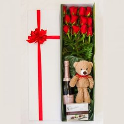 Salamander Village Florist - Dozen roses, champagne, bear and chocolates