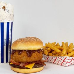 Iceberg Drive Inn - A regular Reeses shake, rodeo burger with hand breaded onion ring, and our famous fries.