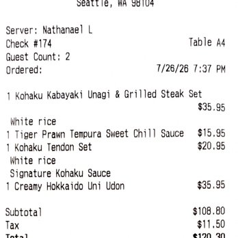 Tendon Kohaku - Receipt - Japanese Near Me - Seattle, Washington