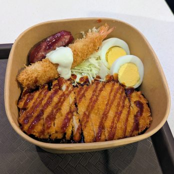 Go Go Curry Cambridge - Home Run Combo with chicken katsu, sausage, tempura shrimp, boiled egg, cabbage, and rice - Comfort Food Near Me - Cambridge, Massachusetts