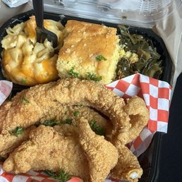 Fish dinner with Mac n cheese and greens Fish dinner with Mac n cheese and greens