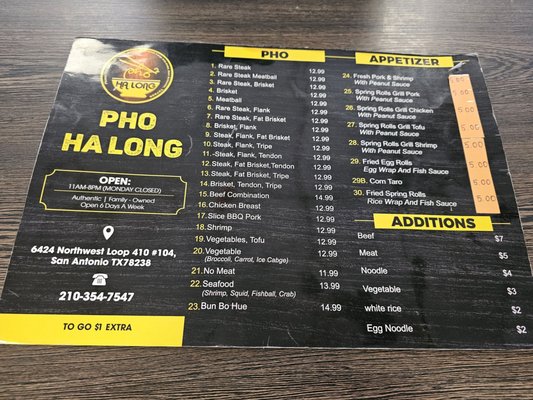 Menu photo 1 Pho Ha Long San Antonio, TX