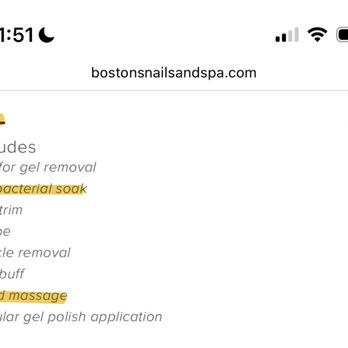 Boston's Nails & Spa - Services advertised for gel manicure, including antibacterial soak and hand massage - Waxing Near Me - Boston, Massachusetts