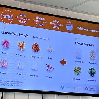 Poké Bar - a variety of food items displayed on a large screen - Poke Near Me - Monrovia, California Poké Bar - a variety of food items displayed on a large screen - Poke Near Me - Monrovia, California