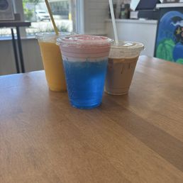 Butter, pecan white mocha iced latte, mango smoothie, shark attack, Italian soda Butter, pecan white mocha iced latte, mango smoothie, shark attack, Italian soda