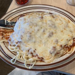 Sunrise Diner - Oven baked spaghetti, enough for three people!Loaded with mozzarella.