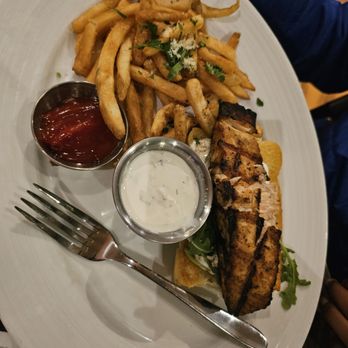 Pinstripes - Open faced salmon sandwich with parm fries - Bowling Near Me - Beachwood, Ohio Pinstripes - Open faced salmon sandwich with parm fries - Bowling Near Me - Beachwood, Ohio