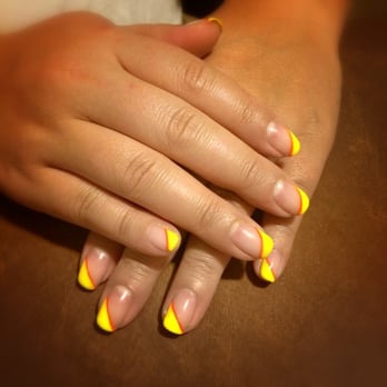 City Nails - Neon yellow gel diagonal tip with an orange strip on my natural nails. - Nail Salons Near Me - Fremont, California City Nails - Neon yellow gel diagonal tip with an orange strip on my natural nails. - Nail Salons Near Me - Fremont, California