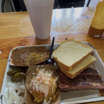 Burnt Bean- Seguin - 2 meat plate with corn pudding, cowboy beans, ribs, and brisket - Barbeque Near Me - Seguin, Texas