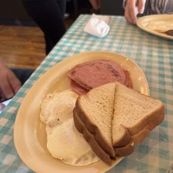 Downtown Pioneer - Two Over Medium Eggs with Fried Bologna and Toast