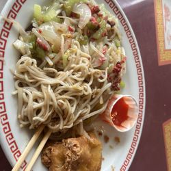 Far East Restaurant - Pork chow mein with fried noodle eggroll