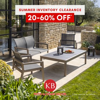KB Patio - Summer Clearance. Save 20-60%. Upgrade your lanai, patio, terrace, garden, pool area, lawn. Area's finest outdoor furniture & home decor. - Outdoor Furniture Stores Near Me - Naples, Florida KB Patio - Summer Clearance. Save 20-60%. Upgrade your lanai, patio, terrace, garden, pool area, lawn. Area's finest outdoor furniture & home decor. - Outdoor Furniture Stores Near Me - Naples, Florida