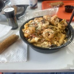 Shrimp & crawfish Alfredo and Boudin Egg Roll