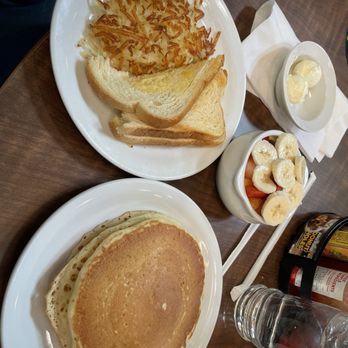 Denny's - Stack of Pancakes Hashbrowns Fresh Seasonal Fruit Sourdough toast - Diners Near Me - Pleasanton, California