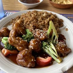 Sesame chicken and pork fried rice.