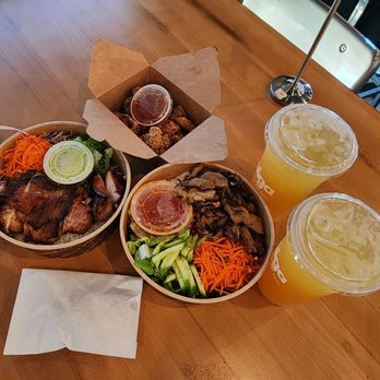 Saiga Vietnamese Eatery - Top - Popcorn Chicken  Left - Rice Bowl with Grilled Chicken Right - vermicelli with grilled pork  Drink - lychee iced green tea - Vietnamese Near Me - Orange, California