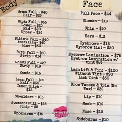 Brows and Body Waxing by Xtina - Pricing menu