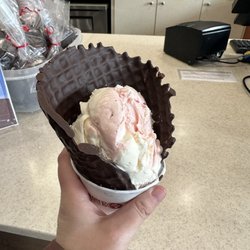 Cold Stone Creamery - Kansas City - Dipped chocolate cone with "small size" strawberry and cheesecake flavors mixed together