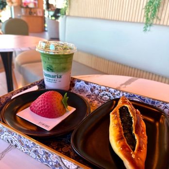 Qamaria Yemeni Coffee - Strawberry Latte and pastry with spinach pie - Coffee & Tea Near Me - Plano, Texas Qamaria Yemeni Coffee - Strawberry Latte and pastry with spinach pie - Coffee & Tea Near Me - Plano, Texas