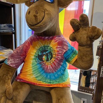 Cool as a Moose - Cool as a Moose welcome guy ! - A large moose mascot with brown plush fur, wearing sunglasses and a colorful tie-dye T-shirt with a circular logo that reads 'Cool as a Moose, Provincetown.' The mascot is seated indoors near a window with a multicolored backdrop, and it is making a friendly gesture with its right hand. The setting includes shelves with folded clothes and a mirror reflecting part of the room. - Women's Clothing Near Me - Provincetown, Massachusetts