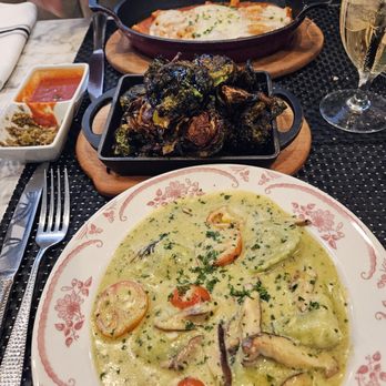 Carbonara - Spinach agnolotti , roasted brussels with apples and baked zitti - Italian Near Me - Arlington, Virginia Carbonara - Spinach agnolotti , roasted brussels with apples and baked zitti - Italian Near Me - Arlington, Virginia