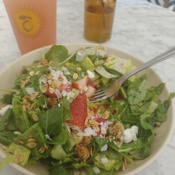 Flower Child - Strawberry salad with a lemonade on parking lot facing patio. - Salad Near Me - Del Mar, California Flower Child - Strawberry salad with a lemonade on parking lot facing patio. - Salad Near Me - Del Mar, California