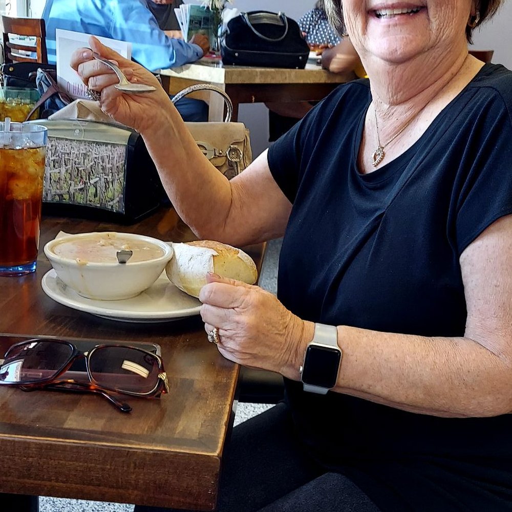 O Happy Bread - My wife Dawn enjoying her potato soup and caprese sandwich. - Bakeries Near Me - Pahrump, Nevada O Happy Bread - My wife Dawn enjoying her potato soup and caprese sandwich. - Bakeries Near Me - Pahrump, Nevada