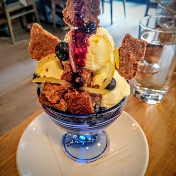 Monteverde - Blueberry Lemon Sundae - mascarpone ice cream, caramel blondies, rye graham cracker - Italian Near Me - Chicago, Illinois Monteverde - Blueberry Lemon Sundae - mascarpone ice cream, caramel blondies, rye graham cracker - Italian Near Me - Chicago, Illinois