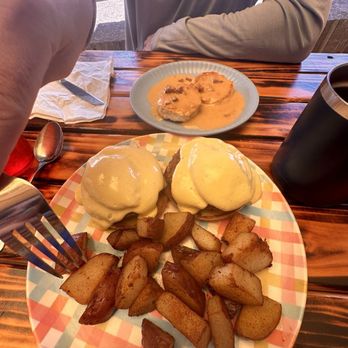 Countryside Cafe - Crab cake eggs Benedict with a side order of biscuits and gravy.  The two of us had a meal to go, so much food! - Breakfast & Brunch Near Me - Keaau, Hawaii