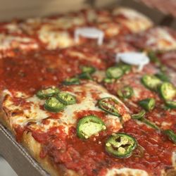 DeeDee's Pizza - Square Cheese Pizza - Square. Jalapeños on half. Bonus points for the pizza tables making me nostalgic