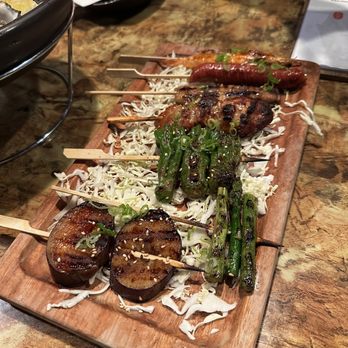 Koko Izakaya - Assorted Skewers: eggplant, asparagus, shishito peppers, chicken, pork belly, sausage, and shrimp - Korean Near Me - Sunnyvale, California