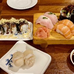 Sushin - Spider roll and  Crunch Dragon. Nigiri- salmon, amberjack, scallop, and masago,