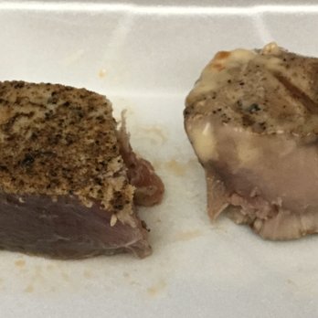 Bonefish Grill - Ahi tuna, right pic shows first piece served, left shows 2nd - Seafood Near Me - Venice, Florida Bonefish Grill - Ahi tuna, right pic shows first piece served, left shows 2nd - Seafood Near Me - Venice, Florida