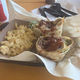 Beef brisket burrito and Mac & Cheese Beef brisket burrito and Mac & Cheese