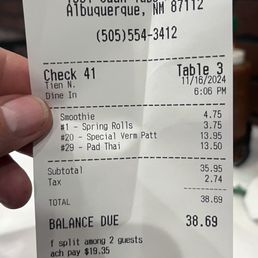 Pho Ginger.  The bill.