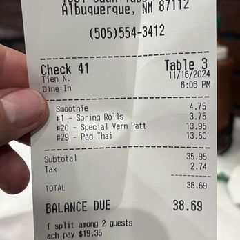 Pho Ginger - Pho Ginger.  The bill. - Vietnamese Near Me - Albuquerque, New Mexico
